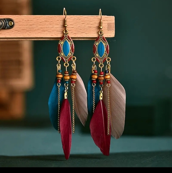 Feather Tassel Earrings Bohemian Statement Earring Indian  Boho Vintage Colorful Feather Tassel Dangle Drop Earrings ( Turqoise Color ).